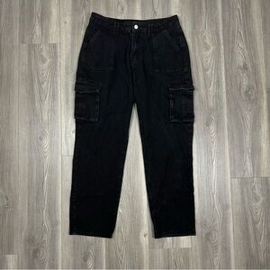Shein Black Denim Cargo Pants‎ Women’s Utility Pocket Wide Leg Jeans Size L